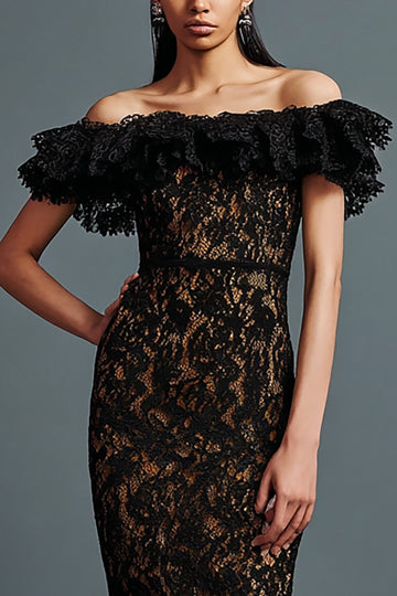 Black Lace Ruffled Sheath Off the Shoulder Long Formal Dress